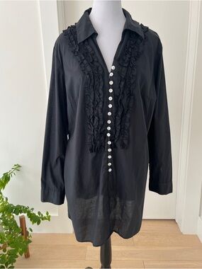 RENUAR Collection Button Front Sheer Long Sleeve Tunic Ruffle Travel Layer Chic